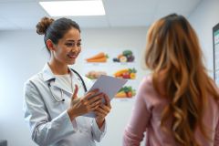 A female doctor in a white coat consults with a patient in a brightly lit medical office. The scene features a friendly interaction, showcasing healthcare and patient care. Fresh produce is visible in the background.