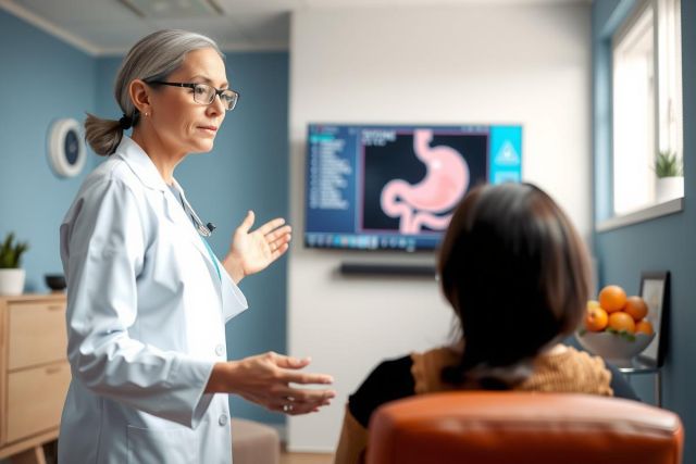 Doctor explains medical imaging (stomach) to patient in a modern office setting. Focus on healthcare consultation and diagnostics, featuring a friendly doctor and concerned patient.