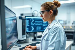 Focused female scientist in a modern laboratory, analyzing data on a computer screen. She wears a white lab coat and glasses, surrounded by scientific equipment. The image features a clean, bright environment with blue and white tones, suggesting research and technology.