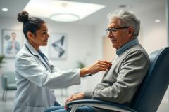 A caring female doctor examines an elderly male patient in a bright, modern medical clinic. The scene depicts healthcare, senior care, and patient consultation with a focus on compassion and well-being. Predominant colors are blue and white, creating a clean and professional atmosphere.