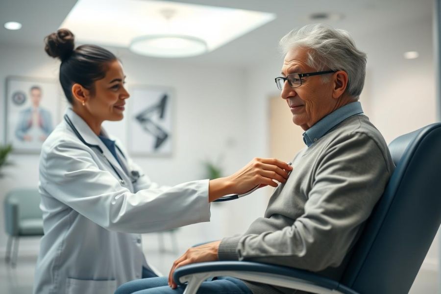 A caring female doctor examines an elderly male patient in a bright, modern medical clinic. The scene depicts healthcare, senior care, and patient consultation with a focus on compassion and well-being. Predominant colors are blue and white, creating a clean and professional atmosphere.