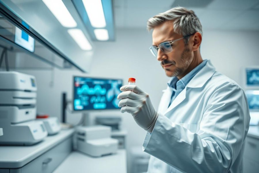 Scientist in a modern laboratory examining a red vial. The researcher, wearing a lab coat and safety glasses, is focused on the sample amidst scientific equipment and a monitor displaying data. Image depicts medical research, biotechnology, and analysis in a clean, bright environment.