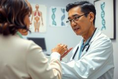 Doctor in white coat speaks with a patient in a clinical setting. The image shows a healthcare consultation with anatomical charts visible in the background.