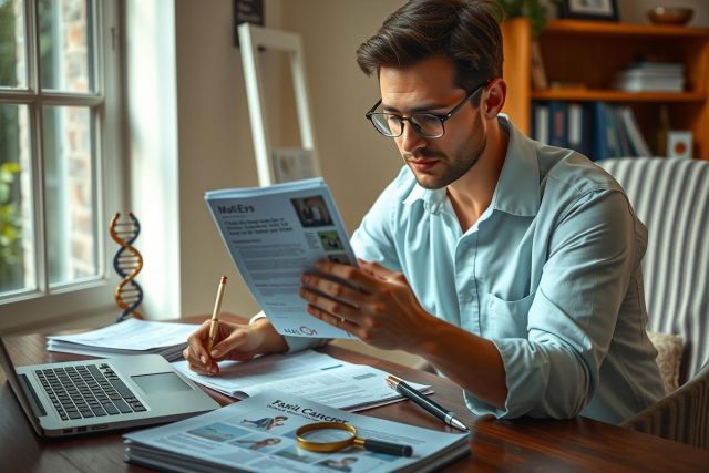 The image depicts a man in an indoor workspace, engrossed in his work. He is seated at a desk with various office items such as books, papers, and a laptop on it. 