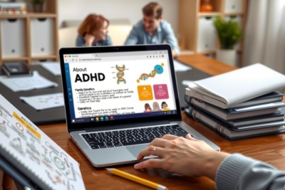 The image displays a person working at a desk with a laptop open in front of them. The screen shows a website about ADHD, indicating that the content is relevant to attention deficit hyperactivity disorder. In the background, there are books and papers on a desk, suggesting an office environment. The colors are primarily shades of gray from the laptop and desk, along with white for the background. There is no text overlaying the image itself.