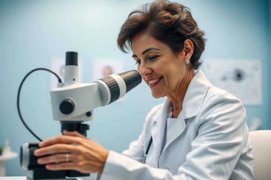 Smiling female scientist in a white lab coat examining a microscope in a bright, modern laboratory. Focus on research, science, and medical analysis. Blue and white color scheme creates a clean, professional environment.