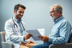 Doctor consultation. A smiling male doctor in a white coat examines medical documents with an elderly patient. Healthcare scene with a calm, blue background. Focus on patient care and medical checkups.