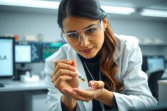 Female scientist in lab coat and glasses holds a vial of liquid. Research laboratory setting with equipment visible in the background. Focus on science, research, and experimentation.