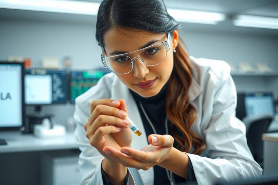 Female scientist in lab coat and glasses holds a vial of liquid. Research laboratory setting with equipment visible in the background. Focus on science, research, and experimentation.