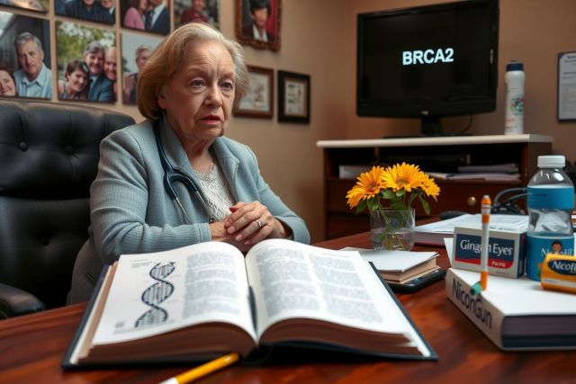 This is a color photograph of an older woman sitting at a desk in what appears to be an office. She has short hair and is dressed in business attire, indicating she may hold a professional position. In front of her are several books and papers spread out on the desk, suggesting that she is engaged in work or study. 