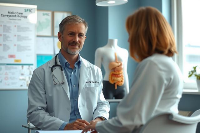 Doctor in white coat examining a patient in a medical office.  Anatomical mannequin visible in the background. Healthcare setting, consultation, medical checkup.