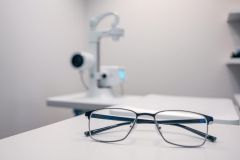 Eyeglasses on a white examination table in an optometrist's office. A blurred ophthalmic equipment is visible in the background. The glasses feature a blue and gray frame, suggesting eye care and vision health. A clean, modern medical setting.