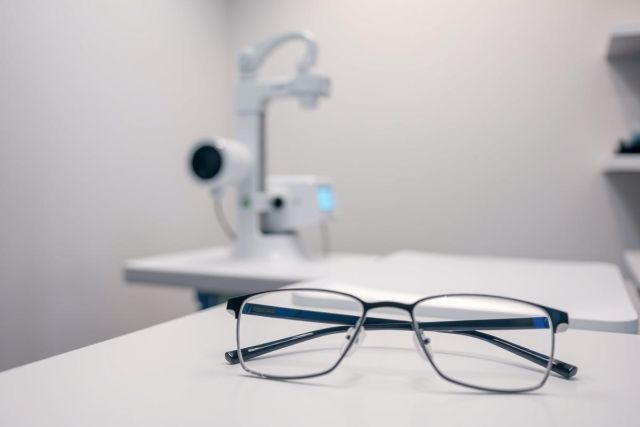 Eyeglasses on a white examination table in an optometrist's office. A blurred ophthalmic equipment is visible in the background. The glasses feature a blue and gray frame, suggesting eye care and vision health. A clean, modern medical setting.
