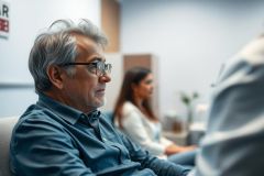 Focused portrait of a mature man with gray hair and glasses in a modern office setting. A younger woman is blurred in the background. The image conveys a professional, thoughtful atmosphere with neutral colors and a contemporary design.