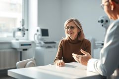 Senior woman consults with a doctor in a bright, modern ophthalmology clinic. Warm brown tones contrast with the clean white interior and medical equipment. Focus on eye care and patient consultation.