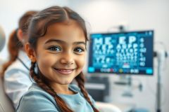Young girl smiling during an eye exam at an optometrist's office. Close-up portrait shows a child with braided hair and bright eyes, with an eye chart visible in the background. Healthcare, vision care, and child's health themes are prominent in this image.