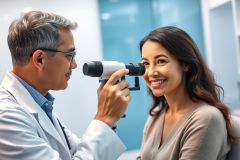 An optometrist examines a smiling patient's eyes in a bright, modern clinic. The doctor uses an ophthalmoscope during an eye exam, showcasing healthcare and vision care services. Blue and white tones dominate the scene.