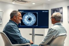 Two men in a modern eye clinic discussing an eye scan displayed on a monitor. The image features a close-up of an eye, with a clinical setting and neutral color palette. Focus on eye health, optometry, and medical consultation.