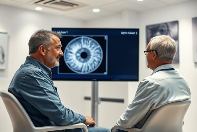 Two men in a modern eye clinic discussing an eye scan displayed on a monitor. The image features a close-up of an eye, with a clinical setting and neutral color palette. Focus on eye health, optometry, and medical consultation.