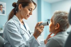 Healthcare professional examining an elderly woman's eye with an ophthalmoscope in a bright, modern medical office. Focus on patient care and eye health. Blue and white color scheme conveys a clinical and reassuring environment.