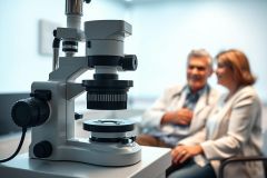 Scientists in a lab setting examining a microscope. The image showcases a modern laboratory environment with white walls and a focus on scientific research and medical analysis. A close-up of the microscope highlights its intricate details, with blurred researchers in the background.