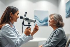 Eye exam in a doctor's office. A female healthcare professional examines an older woman's vision using an ophthalmoscope. Clean, bright interior with blue and white accents. Focus on eye care and senior health.