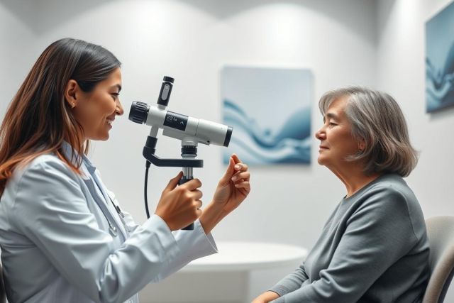 Eye exam in a doctor's office. A female healthcare professional examines an older woman's vision using an ophthalmoscope. Clean, bright interior with blue and white accents. Focus on eye care and senior health.
