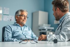 Doctor consults with a patient in a light blue medical office. A mature man with glasses sits across from a physician, likely discussing health concerns. The scene conveys healthcare, consultation, and patient care with a clean, professional atmosphere.
