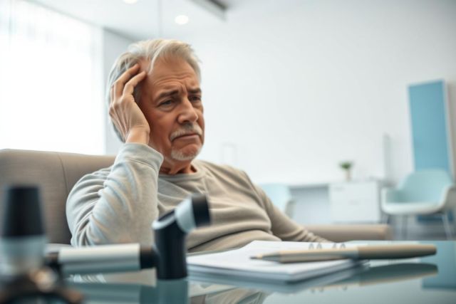 Concerned senior man sitting in a modern office or meeting room, hand on head, looking thoughtful. Papers and microphone visible on the table. Neutral color palette with a focus on white and gray tones. Represents stress, worry, or decision-making.
