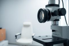 Close-up of a microscope in a medical or laboratory setting. The image features a white examination chair and neutral gray walls, suggesting a clinical environment. Focus is on the microscope's lens and controls, highlighting scientific research and healthcare technology.