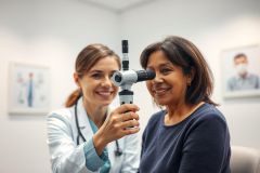 Optometrist examining a patient's eye in a bright, modern clinic. A female doctor uses an ophthalmoscope during a routine eye exam. Healthcare, vision care, and patient consultation are key themes. Warm, neutral tones and a professional setting.
