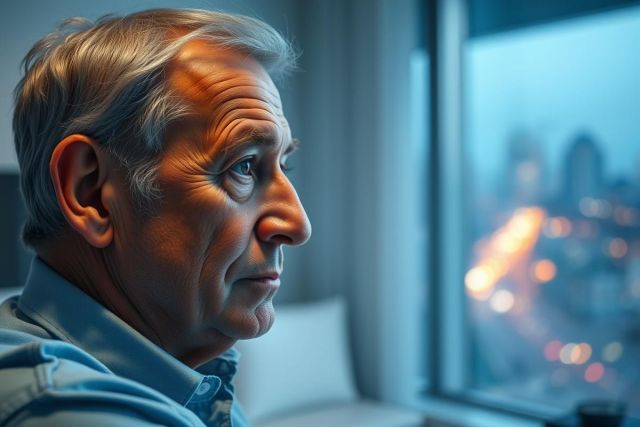 Pensive senior man gazing out a window at a blurred city skyline at night. Moody portrait with blue and gray tones, conveying reflection and solitude. Elderly man, cityscape, nighttime, thoughtful, portrait.
