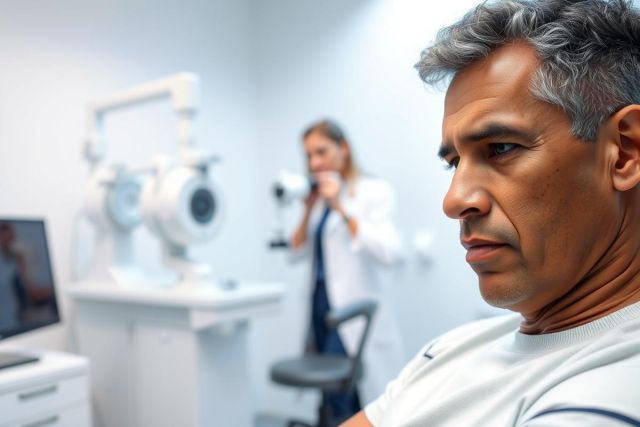 Man undergoing eye exam in a modern clinic. An optometrist performs a vision test with specialized equipment. The scene features a clean, white environment with a focus on patient care and eye health. Professional medical checkup.
