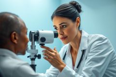 Optometrist performing an eye exam on a patient. Healthcare professional using diagnostic equipment in a bright, modern clinic setting. Focus on eye care and vision health. Blue and white tones.
