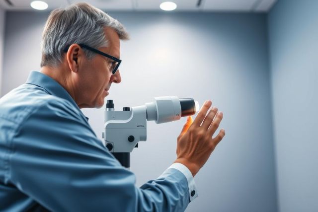 Mature man wearing glasses undergoing an eye exam using an ophthalmic instrument in a clinical setting. The image features a blue-gray background and focuses on eye care and vision health.