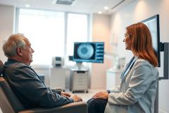 An eye doctor consults with a senior patient in a modern, bright clinic. The image features medical equipment, including a screen displaying eye scans, highlighting eye care and geriatric health. Warm lighting and a professional setting create a reassuring atmosphere.