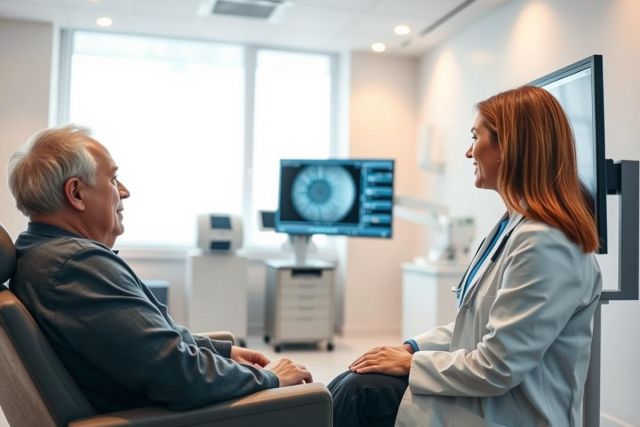 An eye doctor consults with a senior patient in a modern, bright clinic. The image features medical equipment, including a screen displaying eye scans, highlighting eye care and geriatric health. Warm lighting and a professional setting create a reassuring atmosphere.