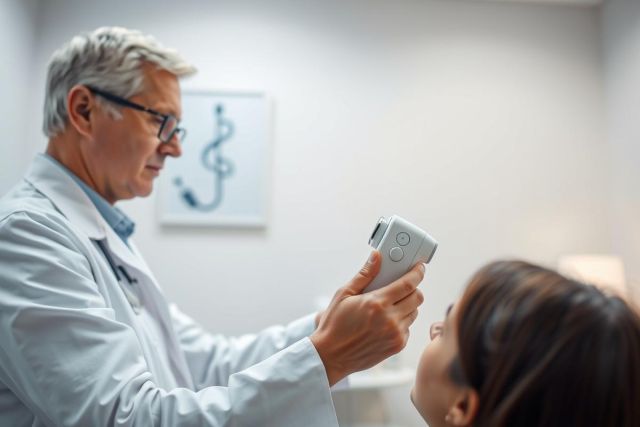 Doctor examining patient's eye with ophthalmic device in a bright, modern medical clinic. Focus on eye health, diagnostic testing, and professional healthcare setting. White coat and glasses visible.
