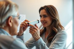 Optometrist examining a patient's eye in a bright, modern clinic. A smiling woman uses an ophthalmoscope during the eye test. Healthcare, vision care, and medical examination themes are present. The scene features neutral colors and a professional setting.