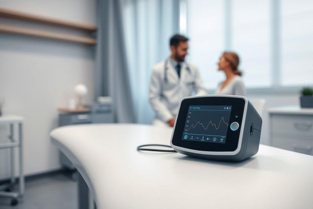 Medical examination scene in a bright, modern clinic. A doctor and patient are blurred in the background while a sophisticated patient monitor displays vital signs on a white table. The image evokes healthcare, diagnostics, and medical technology with a clean, professional aesthetic. Predominant colors are white, gray, and blue.