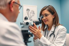 Optometrist examining a patient's eyes in a bright, modern clinic. The female doctor wearing a white coat and stethoscope uses specialized equipment in a blue-toned room. Healthcare, eye care, and vision testing are key themes.