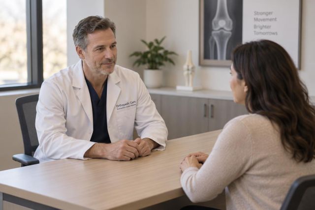 Orthopedic specialist consulting a patient about knee symptoms in a calm clinic office.