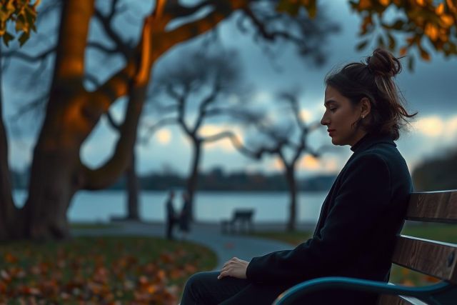 The image features a woman sitting on a bench in what appears to be an evening or night scene. The environment suggests a park or similar outdoor public space, with trees and possibly a body of water in the background. The lighting is soft and subdued, casting long shadows and giving a calm atmosphere to the scene.