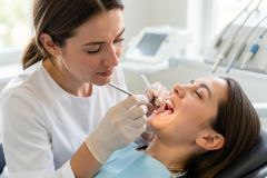 Dentist examining a patient's open mouth with a mirror and probe during a routine dental checkup.