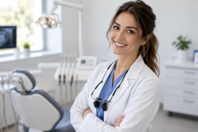 Smiling female dentist in clinic wearing loupes beside dental chair and equipment