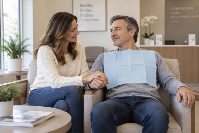 Dental patient wearing bib seated in clinic reception, companion holding his hand supportively.