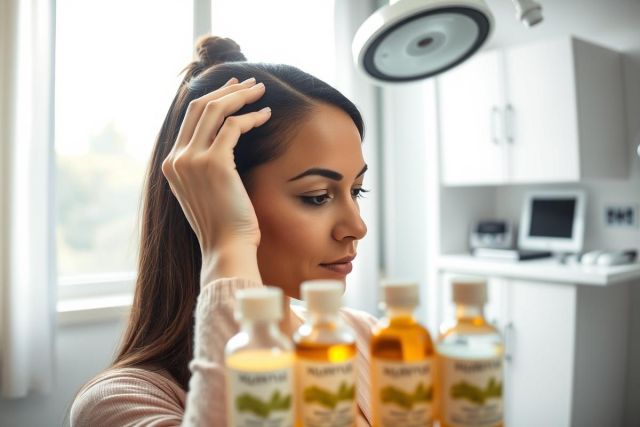 Young woman in a medical clinic examining hair loss treatment bottles. The scene features a bright, modern office setting with natural light and medical equipment. Focus is on skincare and potential remedies for hair health. Warm tones and a concerned expression convey a health concern.