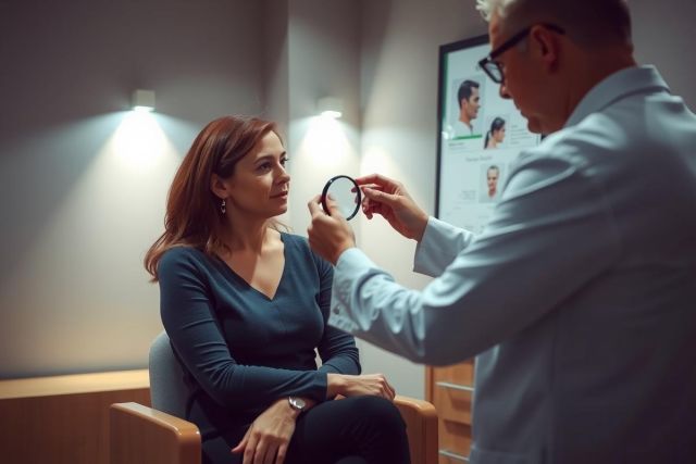 Eye exam. An optometrist checks a patient's vision with an ophthalmoscope in a clinic setting. Healthcare professional, eye care, medical examination, patient consultation.