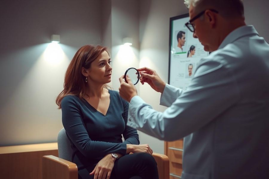 Eye exam. An optometrist checks a patient's vision with an ophthalmoscope in a clinic setting. Healthcare professional, eye care, medical examination, patient consultation.