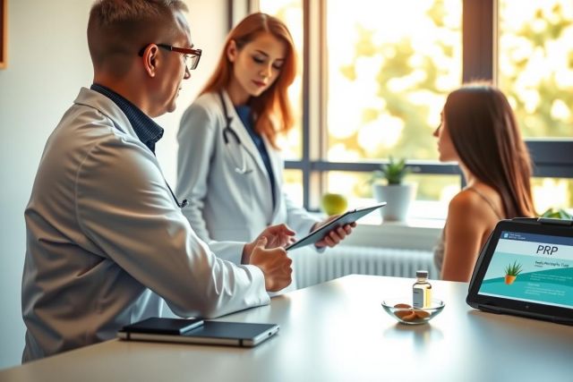 Doctor examining a patient, using a tablet. Healthcare professional consulting with a female patient in a modern clinic setting. Includes medical equipment and a bright, clean environment.